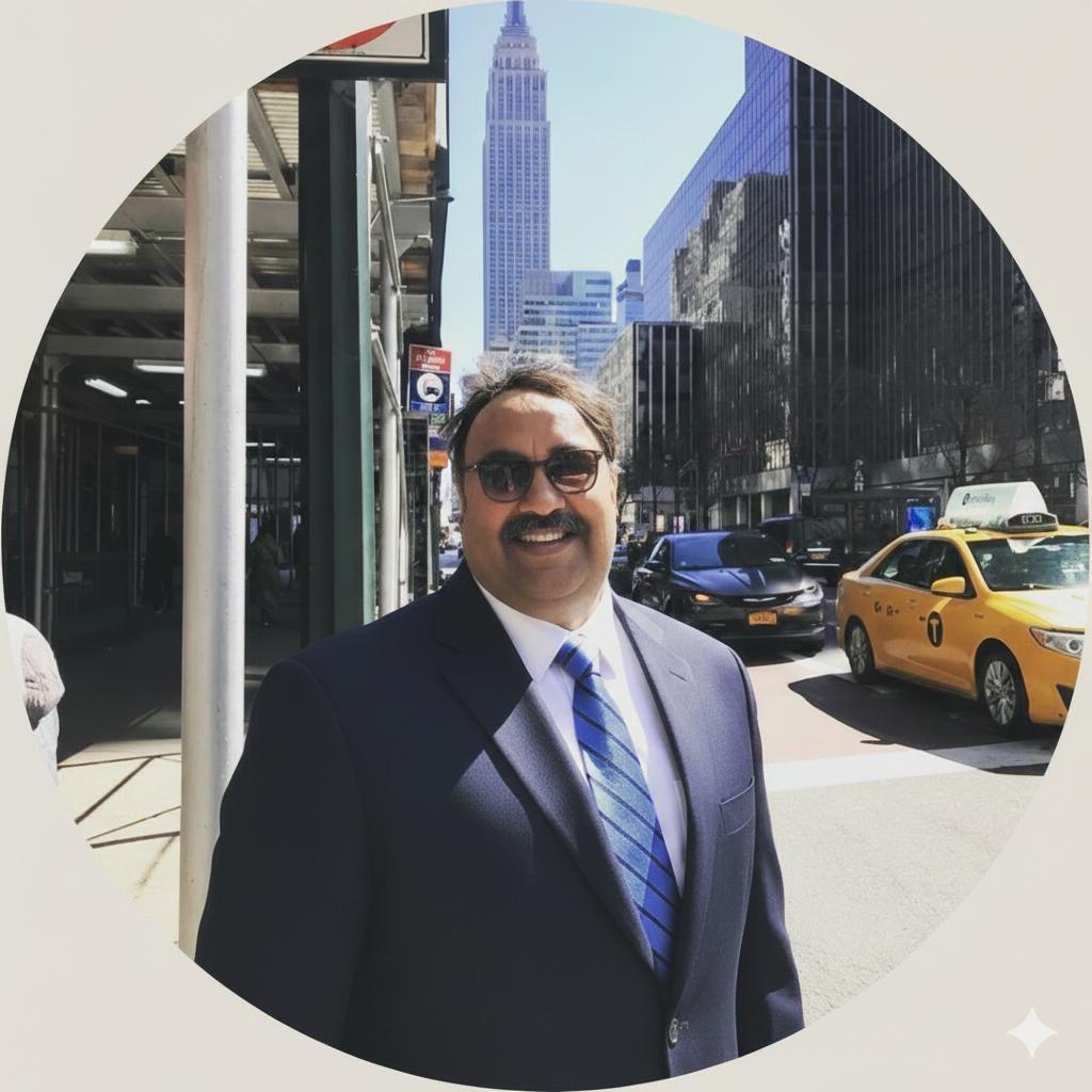 Man with sunglasses and mustache wearing black and gray jacket in urban setting